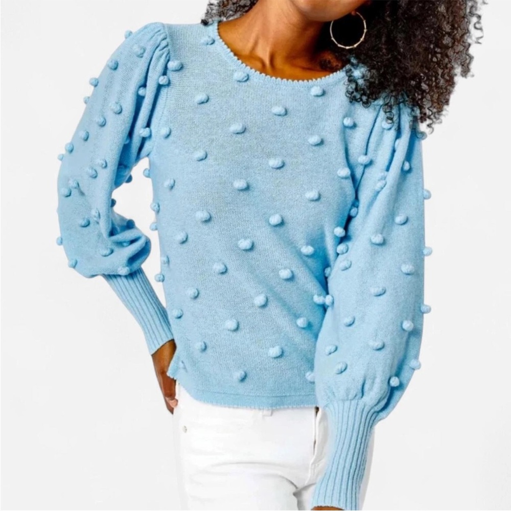 LILLY PULITZER Kippa Pom Pom Sweater Light Blue Sz S Ballon Sleeves Cotton Blend